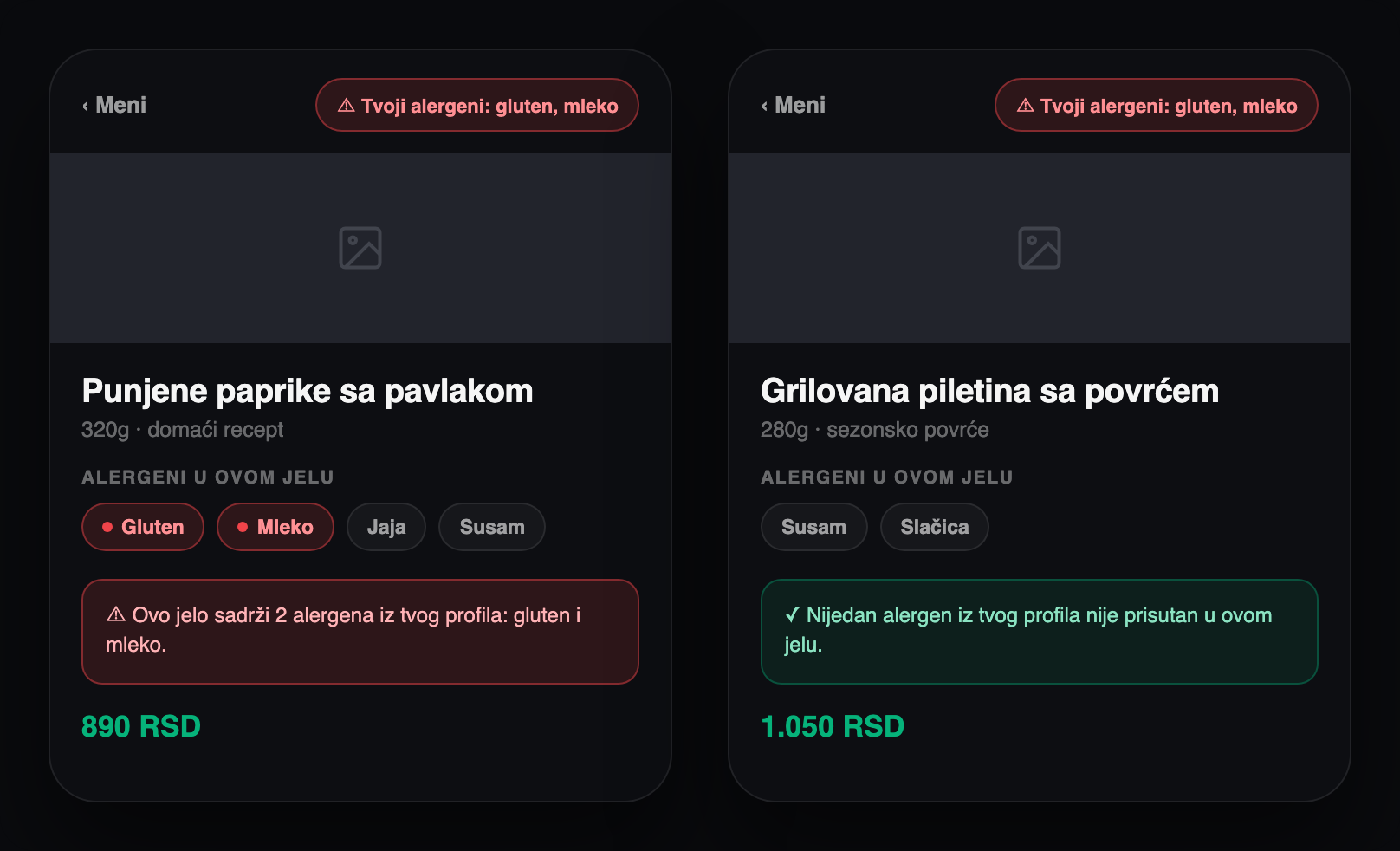 Oznake alergena uz jelo, sa upozorenjem iz profila gosta