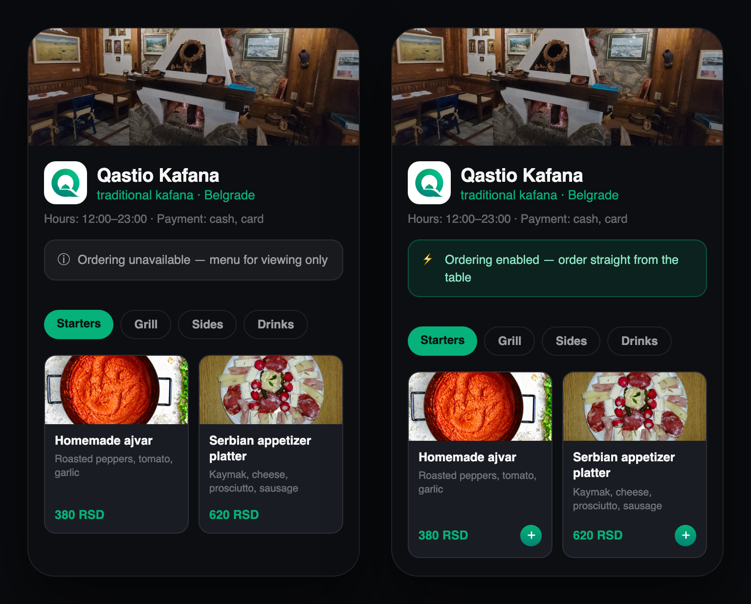 Two storefront states: view-only menu and menu with ordering