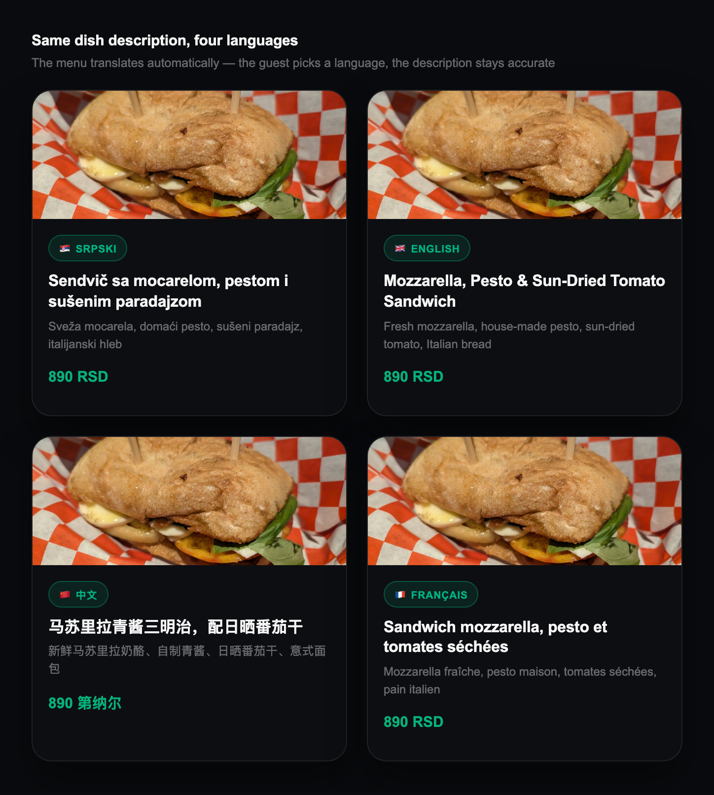 The same dish description in Serbian, English, Chinese and French