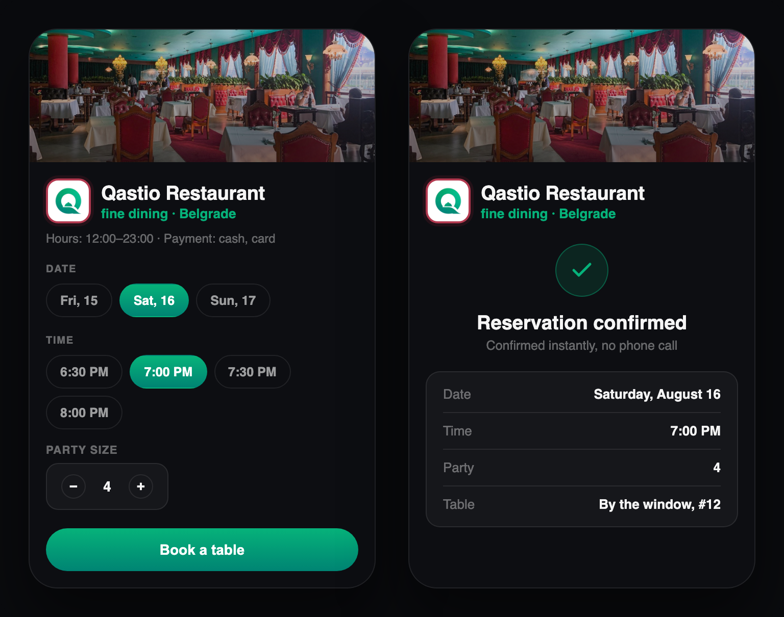 Table reservation: picking a slot and confirmation